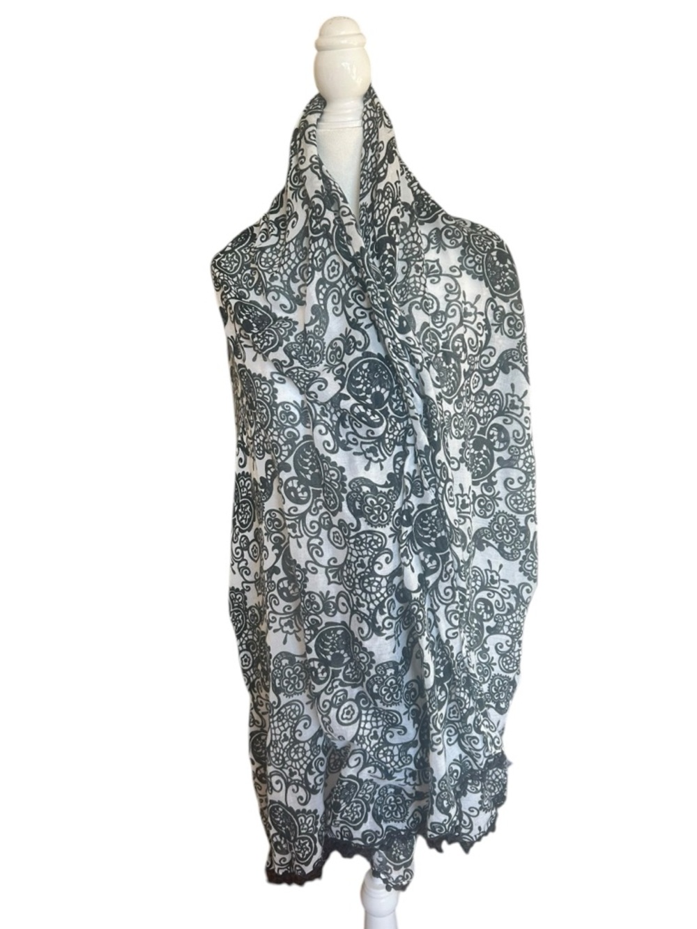 Disney Parks Mickey Black and White Paisley Print Lightweight Scarf lace trimmed